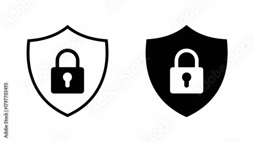 Security shield and padlock icon set for data protection, digital privacy, and cybersecurity, on a clean background.