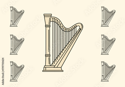 Seven outline drawings of pedal harps arranged around a central larger harp