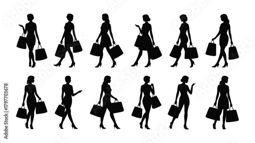 Collection of female silhouettes in various poses holding shopping bags on white background woman