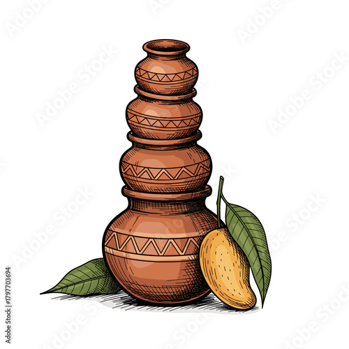 Traditional earthen pots stacked with mango and leaves for Ganga Sagar Mela  
