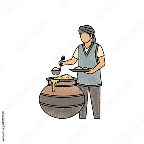 Volunteer serving food from a large pot during Ganga Sagar Mela  