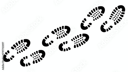 Black shoe prints creating a diagonal path on a pristine white background. represents journey, progress, and following a route.