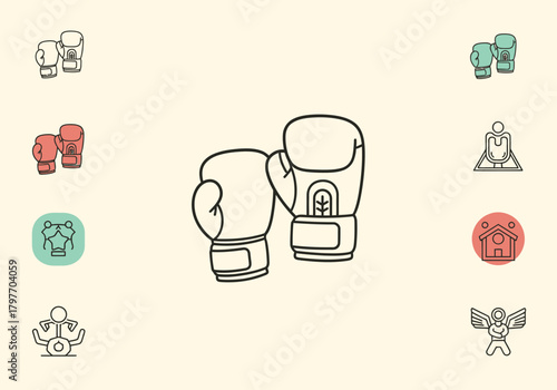 Black line art illustration of boxing gloves surrounded by smaller icons on a cream background