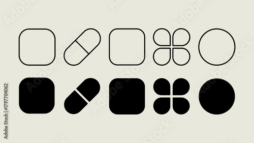 Collection of various geometric shapes in both outline and solid fill. modern minimalist abstract design elements for ui/ux.