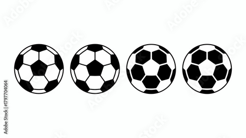 Four distinct black and white soccer balls arranged in a line, showcasing classic football game icon variations for sports design.