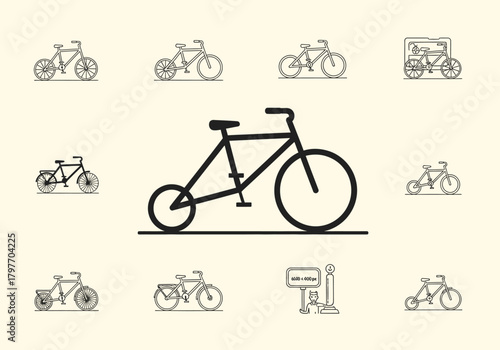 Collection of blackline icons depicting various bicycle styles and related imagery