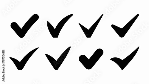 Collection of various black checkmark icons and tick symbols representing approval, completion, and success on white