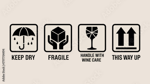 Shipping and package handling warning symbols: keep dry, fragile, handle with wine care, and this way up vector icons