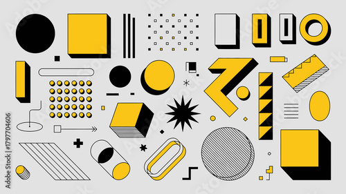 Geometric abstract pattern with colorful 3d shapes and minimalist design elements on a light background illustration