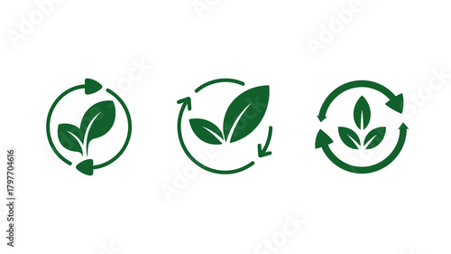 Green leaf recycle loop icon set. eco-friendly symbols for sustainability, nature, organic products, and environmental care. natural resource cycle concept.