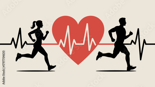 Running silhouettes of a man and a woman with a healthy heart and ecg rhythm, symbolizing fitness, health, and wellness.