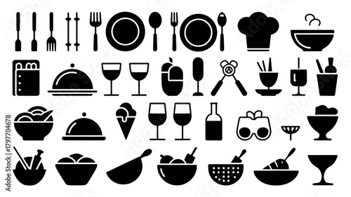 Stylized minimalist silhouette icons representing diverse kitchenware, dining utensils, food, and beverage service elements.