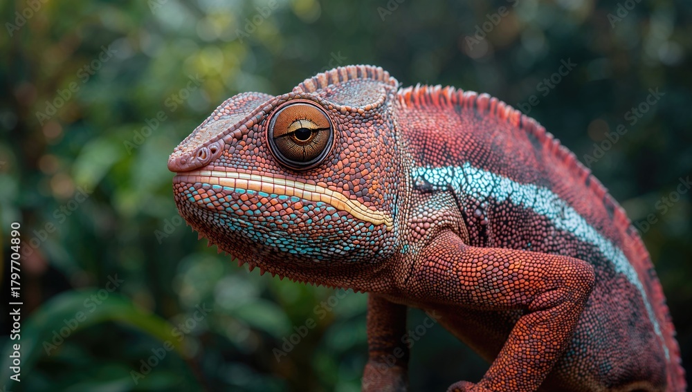 Fototapeta premium Close-up of a Panther Chameleon in a Tropical Forest, showcasing vibrant colors and wildlife, illustrating the theme of biodiversity