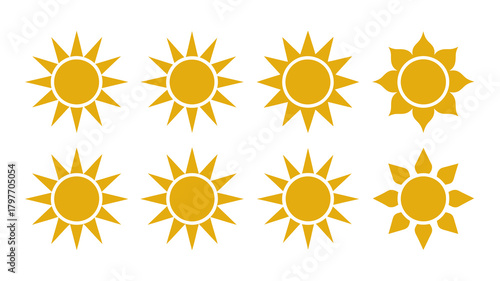Eight bright yellow sun icons and symbols set, representing summer, light, weather, and energy, on a white background.