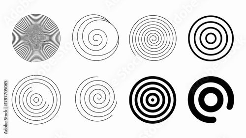 Collection of abstract geometric spiral and concentric circle patterns, vector line art designs on isolated white background.