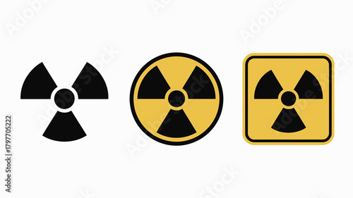 Radiation warning symbol set: three distinct nuclear hazard icons showing standard trefoil, circular, and square designs.