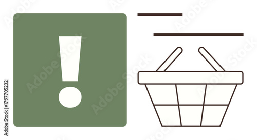 Green exclamation mark beside minimal shopping basket highlights caution. Ideal for alert, shopping, e-commerce, online safety, warning, emphasis, decision-making visuals. Simple flat metaphor