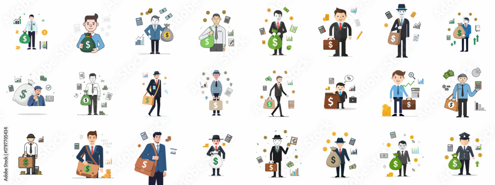 Naklejka premium Financial Business Characters Icon Set: Diverse collection of businessmen, accountants, and managers with money bags, graphs, and wealth symbols representing profit and investment.