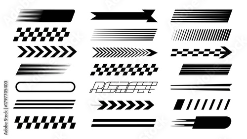 Abstract graphic elements featuring dynamic speed lines, racing flags, and directional arrows for modern design concepts.