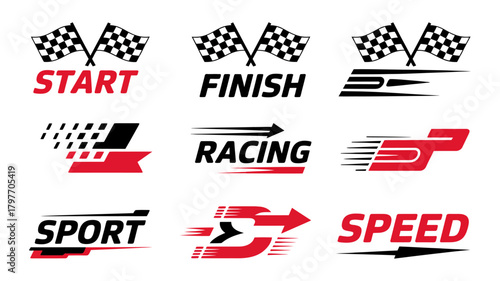 Collection of racing and speed themed logos with checkered flags, start finish lines, sport and competition words.