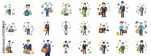 Financial Business Characters Icon Set: Diverse collection of businessmen, accountants, and managers with money bags, graphs, and wealth symbols representing profit and investment.