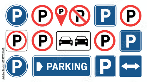 Collection of diverse parking signs, symbols, and icons, illustrating allowed, restricted, and designated areas.