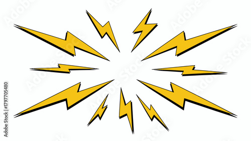 Comic lightning bolt burst effect with dynamic yellow electricity radiating outwards from a central point, energy flash graphic.