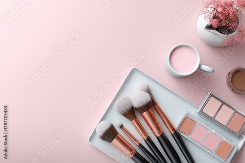 Overhead view (flat lay) of a clean, simple vanity desk with organized makeup brushes and palette, top view, neat organization, clean organization,