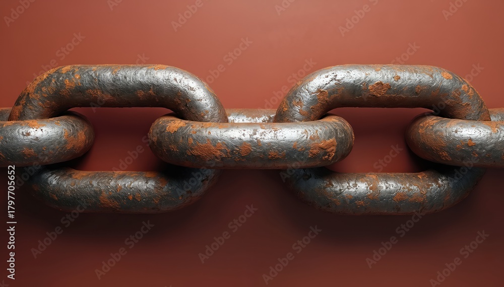 Fototapeta premium Rusty metal chain links on red background. Close-up view shows textured surface and aged appearance. Heavy industrial chain with corrosion and oxidation. Strong metal connection and bond.