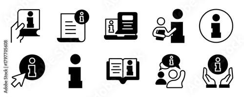 Information icon set. news, personal information, help, hint, support, instructions, inform, user info, key information, alert info icons. Solid icon collection. Vector illustration.