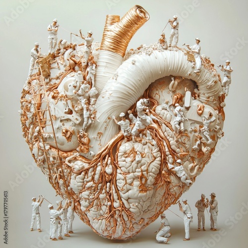 An imaginative heart sculpture intricately designed with miniature figures working on it, symbolizing love, care, and the human condition through art and craftsmanship in a surreal way.
