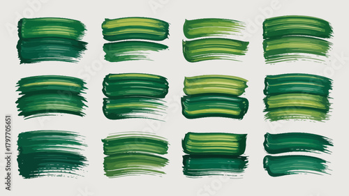 Abstract green and yellow paint brush strokes, vibrant artistic texture, modern design elements, painterly swatches on background.