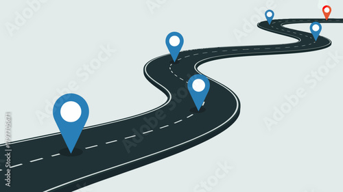 Winding road with multiple blue location pins marking the path towards a red destination pin, illustrating journey and progress