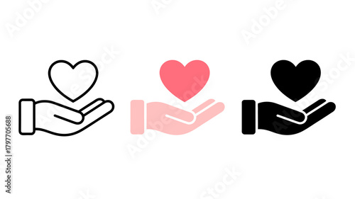 Hand holding heart icon set. outline, pink color, and black glyph symbol vector illustration for love, care, and giving concepts.