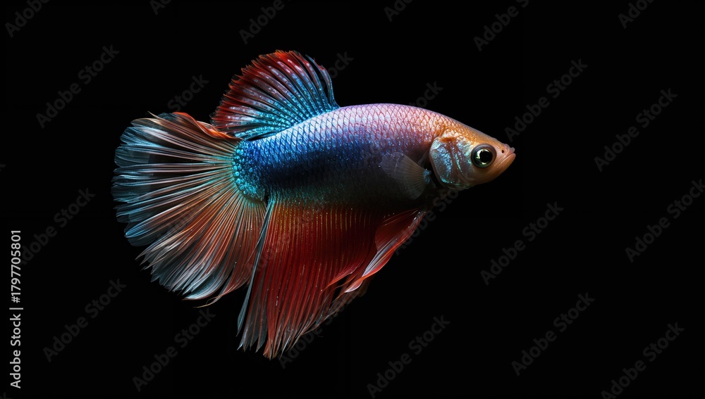 Fototapeta premium Multi-colored Siamese fighting fish, isolated on dark backdrop, vibrant aquatic life display