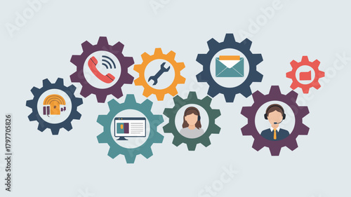 Integrated customer support and operational excellence concept with various service icons depicted within interlocking gears illustration