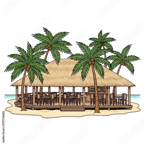 Escape to Paradise with this Tropical Beach Bar Under Palm Trees for your next vacation promotion or summer getaway campaign, feel the sun and sand today