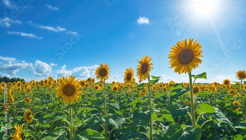 Fototapeta Naklejka Na Ścianę i Meble -  Sunflower field in full bloom under a bright summer sky, seasonal beauty