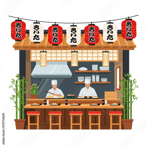 Authentic Japanese sushi bar scene featuring chefs preparing fresh delicacies under traditional lanterns for a vibrant, delicious culinary experience