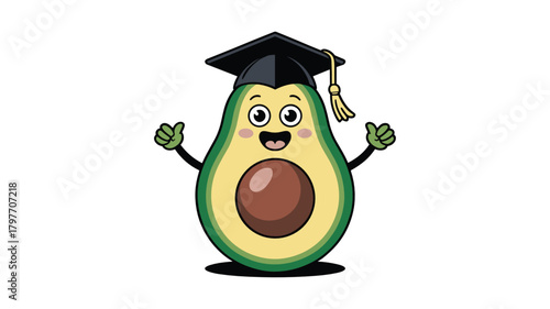 Happy avocado character wearing a graduation cap giving thumbs up fruit food