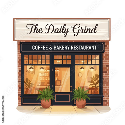 Inviting coffee and bakery restaurant facade with warm interior lighting, perfect for showcasing local businesses and cozy cafe vibes, with a modern aesthetic