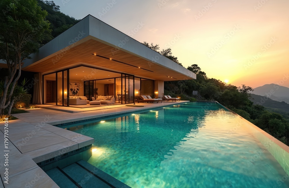 Fototapeta premium Modern luxury villa with suspended roof pool at sunset on hillside. Infinity pool overlooks lush green valley. Elegant interior living space glows warmly. Peaceful nature retreat.