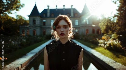 A woman in a black dress stands in front of a grand château with a long reflecting pool and formal gardens.