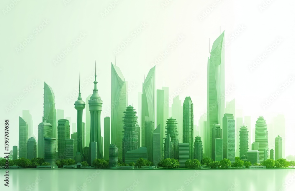 Fototapeta premium Futuristic green city skyline features diverse modern architecture, tall skyscrapers. Urban landscape displays eco friendly building designs with abundant trees. Scene sustainable development, tech