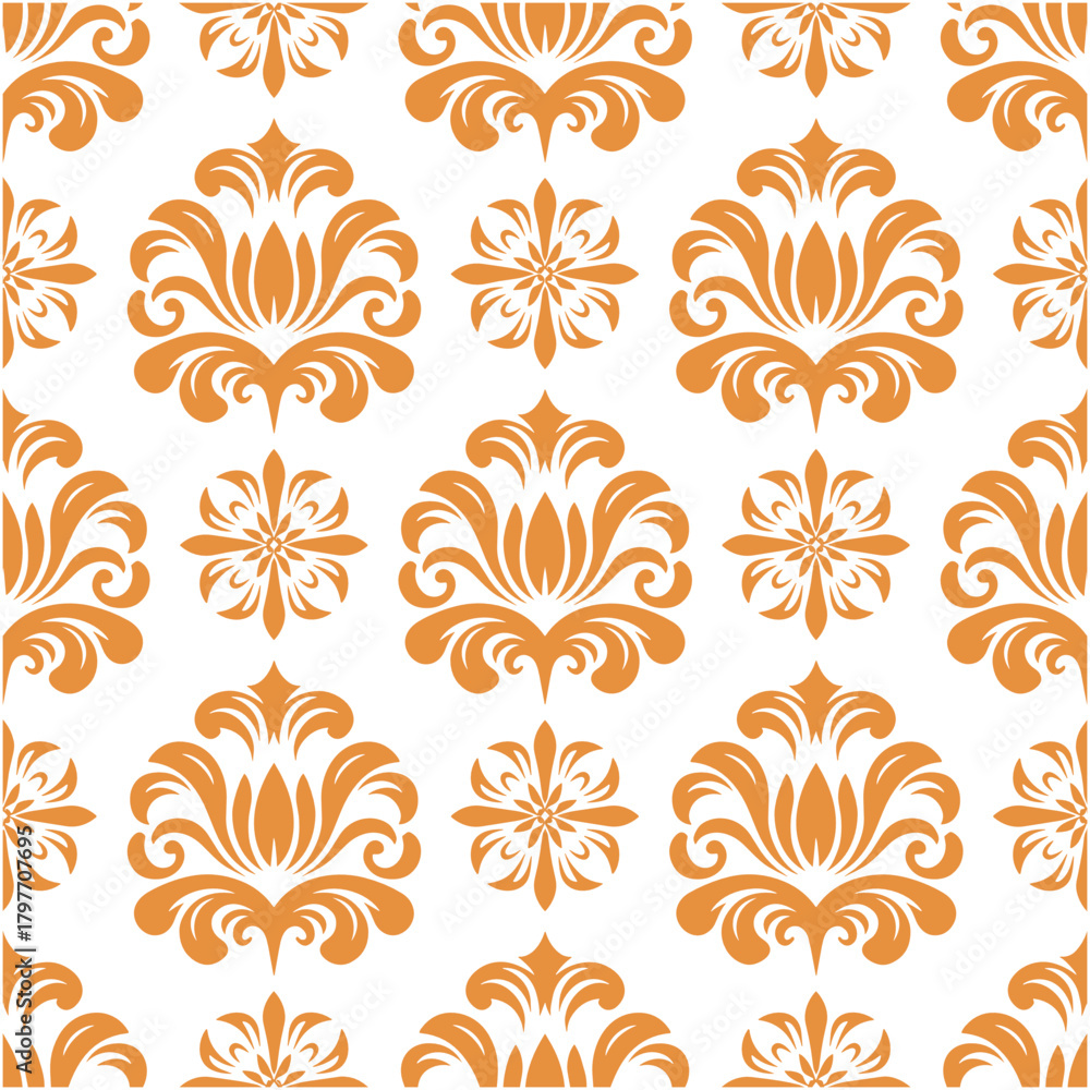 Fototapeta premium Orange damask pattern with stylized floral motifs on a white background Keywords: seamless pattern, damask, floral, stylized, orange, gold, white, background, texture, design, decorative, ornament