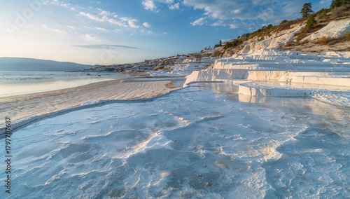 Fototapeta Naklejka Na Ścianę i Meble -  Pamukkale blue mineral hues reflecting in water, summer travel destination with focus on natural beauty