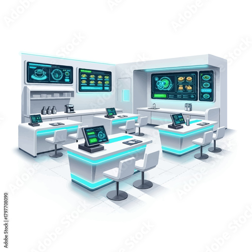 Step into the future of culinary innovation with this vibrant, modern kitchen workspace, perfect for showcasing food tech, AI, and the evolution of gastronomy