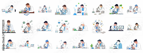 Set of vector illustrations depicting scientists and doctors performing chemical analysis and medical research using laboratory equipment and microscopes.