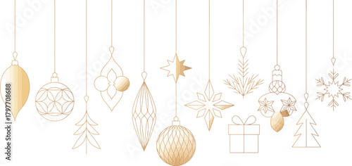 Gold Christmas Ornaments and Decorations Line Art star