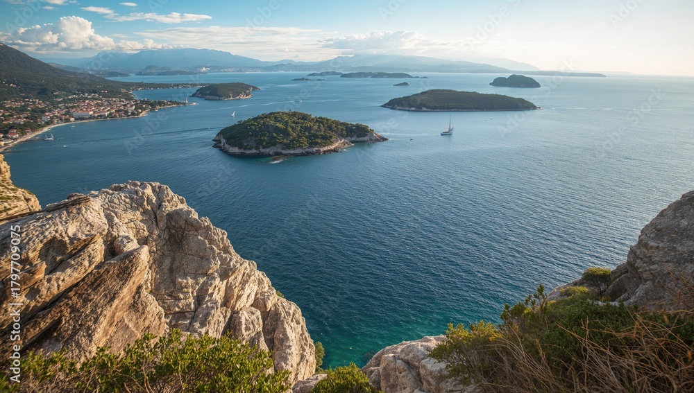 Fototapeta premium Scenic view of rocky gray mountains and ocean with distant islets and green trees, highlighting seasonal change